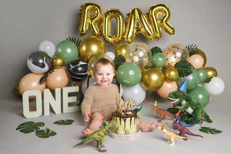 Dino First Birthday Photoshoot, Dino First Birthday Smash Cake, Dinosaur First Birthday Party Decorations, Smash Cake Dinosaur Theme, First Birthday Dinosaur Photoshoot, Dinosaur First Birthday Cake Smash, Dinosaur Smash Cake Photoshoot, Smash Cake Dinosaur First Birthdays, Dinosaur 1st Birthday Photo Shoot