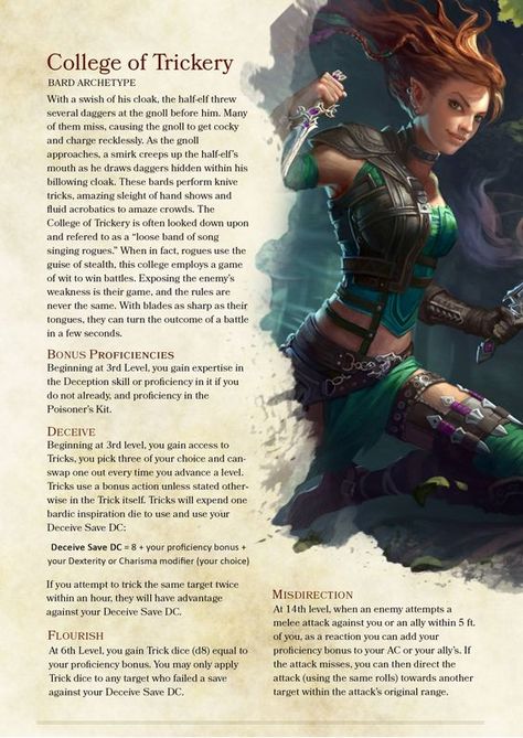 DnD 5e Homebrew — Bard College of Trickery by ill_bell: Tumblr, D D Classes, Bard College, Dnd Classes, Dnd Races, Dungeons And Dragons 5e, Dungeons And Dragons Classes, Dnd 5e Homebrew, Dnd Monsters