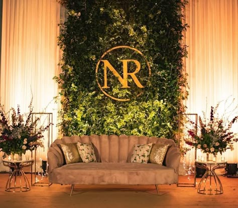 Wedding Reception Stage Decor, Stage Decor Ideas, Couple Seating, Wedding Reception Stage, Wall Greenery, Indian Wedding Decorations Receptions, Engagement Stage, Engagement Stage Decoration, Photowall Ideas