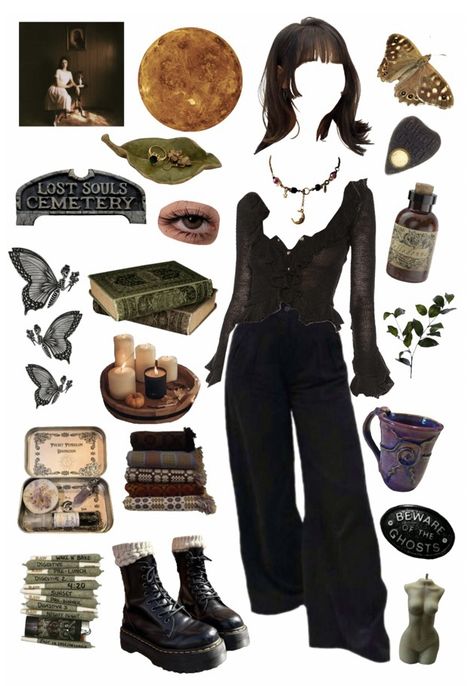 Witchy Pants Outfit, Pagan Aesthetic Clothes, Witch Outfit Summer, Masc Witch Outfit, Earthy Goth Aesthetic, Cottage Goth Fashion, Witchy Winter Outfits, Witchy Academia Aesthetic, Mommy Energy