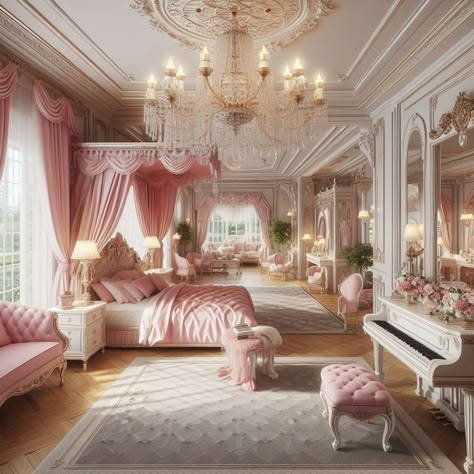 Pink Mansion Bedroom, Princess Room Royal, Vintage Feminine Bedroom, Pink Mansion, Royal Bedroom Design, Princess Bedrooms, Mansion Bedroom, Royal Bedroom, Fancy Bedroom