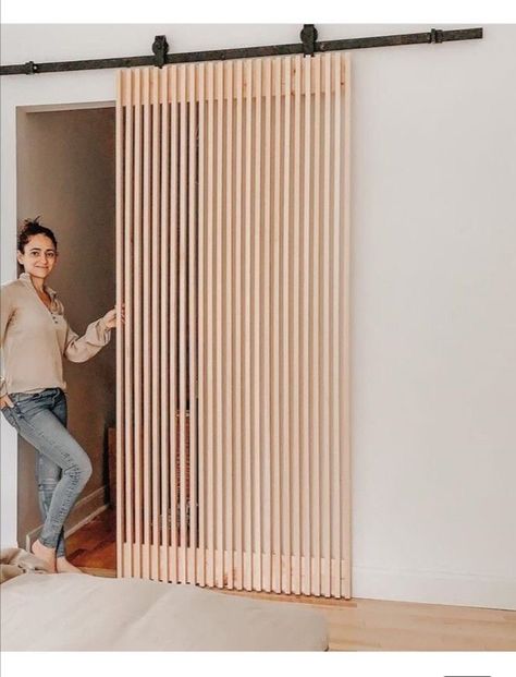 Slatted Barn Door, Diy Wardrobe Doors, Slat Barn Door, Wood Slat Door, Slat Door, Bedroom Wardrobe Design, Living Room Partition, Room Partition Designs, Decor Home Living Room