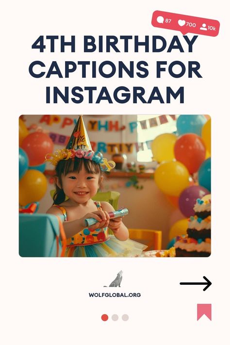 A smiling child wearing a party hat surrounded by colorful balloons at a birthday party.
Graphic with cheerful statements celebrating a four-year-old's birthday milestones and a call to action button.
A smiling woman with a laptop surrounded by social media icons advertises an Instagram engagement pod. 25th Birthday Captions Instagram, Birthday Instagram Captions, 21st Birthday Captions, Birthday Cap, Birthday Instagram, Birthday Captions Instagram, Perfect Captions, 29th Birthday, Late Birthday