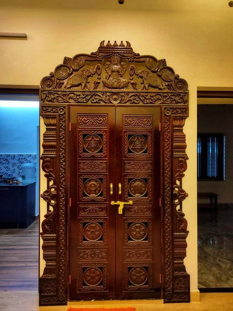 Astalakshmi Pooja Door, Temple Doors Indian, Pooja Room Door Design Wood Carving, Pooja Room Door Design Traditional, Pooja Room Double Door Designs, Pooja Room Doors, Pooja Room Door, Pooja Door, Puja Mandir