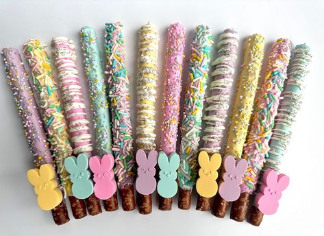 Easter Pretzel, Easter Themed Treats, Easter Strawberry, Covered Pretzel Rods, Easter Treat Box, Chocolate Covered Pretzel, Chocolate Covered Pretzel Rods, Easter Sweets, Chocolate Covered Treats