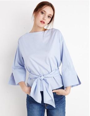 BLUE WAIST TIE SHIRT BY NEW REVIVAL Áo Blu, Tie Waist Shirt, Casual Skirt Outfits, Trendy Tops For Women, Moda Chic, Tie Shirt, Embroidery On Clothes, Ladies Dress Design, Trendy Tops