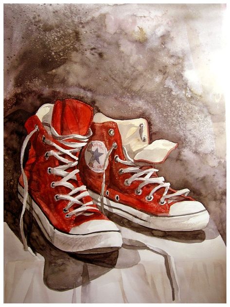 Converse 2020, Shoe Artwork, Sneakers Drawing, Shoes Art, Sneaker Art, Shoes Drawing, Drawing Watercolor, Red Sneakers, Sports Sneakers