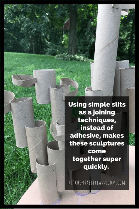 Free art experiences are hard to beat. Using toilet paper cardboard tubes to create a recycled sculpture is a fun and easy way to learn about building up. Toilet Paper Sculpture, Easy Sculpture Ideas, Tube Sculpture, Tab Classroom, Tab Ideas, Recycled Sculpture, Cardboard Sculptures, Tube Art, Cardboard Construction