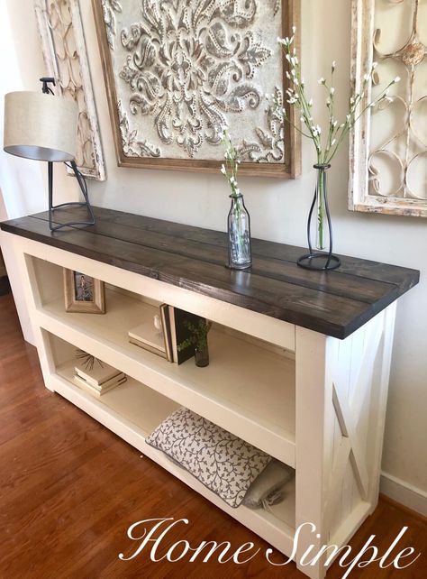 The Modern Farmhouse Classic X Bookshelf Farmhouse Bookshelf Decor Ideas, Diy Farmhouse Bookshelf, Small Furniture Ideas, Homemade Furniture Ideas, Farmhouse Console Table Decor, Diy Farmhouse Furniture, Farmhouse Furniture Ideas, Farmhouse Modern Decor, Minwax Stain Colors