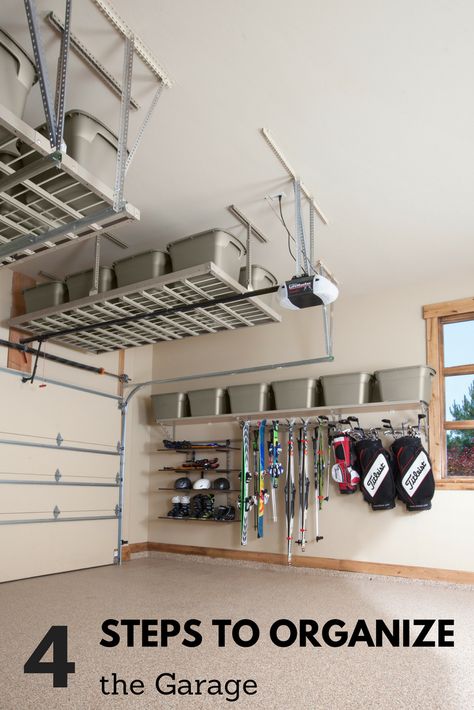 An organized garage doesn't have to be so far away. Follow these 4 steps to get your garage in tip-top shape. Casa Garage, Garage Storage Inspiration, Organized Garage, Garage Organization Tips, Garage Organisation, Garage Workshop Organization, Overhead Garage Storage, Garage Renovation, Garage Storage Shelves