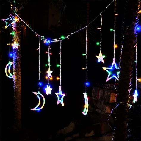 NEX Solar Star Moon Curtain Lights 2-Watt Blue Low Voltage Solar LED Flood Light in the Spot & Flood Lights department at Lowes.com Solar Moon, Moon Lights, 3 Moon, Hanging String Lights, Star Lights, Small Stars, Bedroom Interiors, Fairy Lights Bedroom, Curtain String Lights