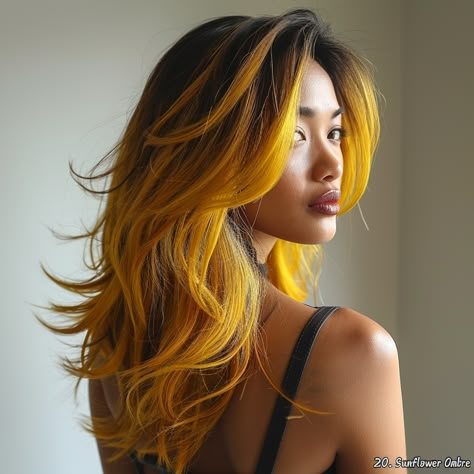 45 Fall Hair Colors to Fall in Love with This Season! Sunshine Yellow Hair, Fire Hair Color, Yellow Hair Dye, Hair Color Wheel, Fire Red Hair, Yellow Hair Color, Hair Colors To Try, Yellow Highlights, Sunset Hair