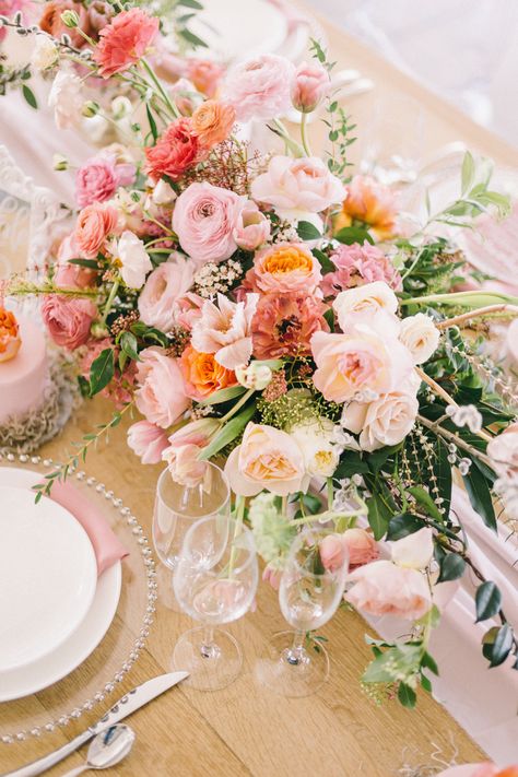 Wedding Floral Ideas Receptions, Pink Floral Wedding Bouquet, Light Pink And Coral Wedding, Light Pink And Orange Wedding Flowers, Pink And Peach Flowers, Pale Pink And Orange Wedding, 2023 Wedding Floral Trends, Pink Centerpieces Wedding, Summer Wedding Tablescapes