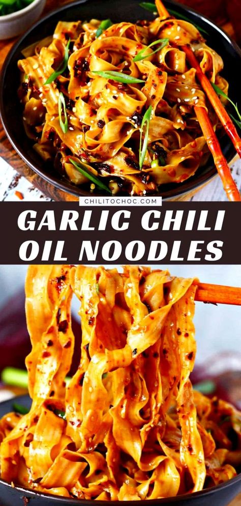 Whip up these Chili Oil Noodles in only 10 minutes! These spicy garlicky noodles take all your favorite flavours and combine them into one hot magical dish. Spicy Lo Mein Noodles, Noodles With Chili Oil, Spicy Oil Noodles, Spicy Chili Crisp Noodles, Fine Egg Noodles Dishes, Italian Drunken Noodles Recipe Easy, Chilli Crisp Noodles, Sweet Chilli Noodles, Sweet And Spicy Noodles