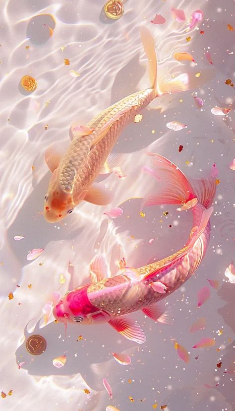 Two koi fish swimming in a tranquil, floral-filled pond. Pink Koi Fish, Koi Wallpaper, Two Koi Fish, White Flower Petals, High Resolution Photography, Koi Fish Swimming, White Pool, Fish Background, Pink And White Background