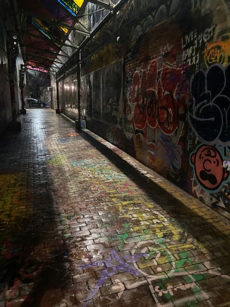 alleyway covered in graffiti Cool Alleyways, Punk City Aesthetic, Underground Punk Scene, Graffiti Alley Photoshoot, Street Punk Aesthetic, Streetpunk Aesthetic, Punk Aesthetic Background, Spaces And Places Art Gcse, Alleyway Reference