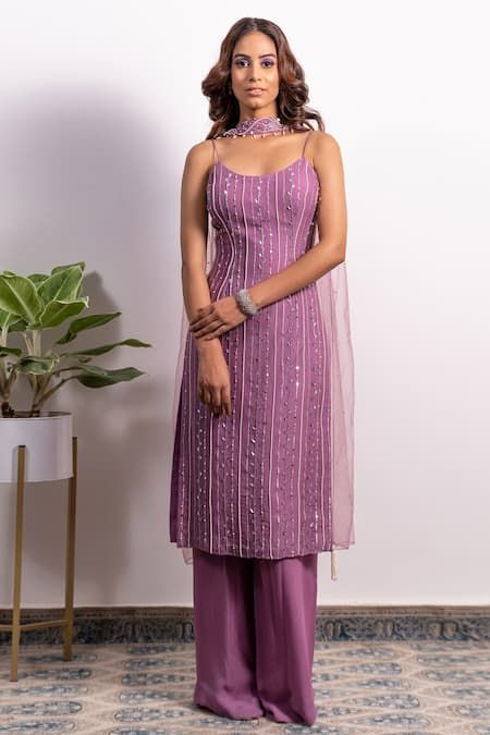 Buy Purple Georgette Embroidery Pearl Round Strappy Kurta Pant Set For Women by Silky Bindra Online at Aza Fashions. Net Straight Kurti Designs, Kurti Ideas For Wedding, Sleeveless Kurti Pants Design, One Piece Indian Dress Outfit, New Kurta Set Design Women, Sleeveless Straight Kurti Designs, Straight Kurti Designs Party Wear, Net Embroidery Kurti Design, Straight Fit Kurti Designs