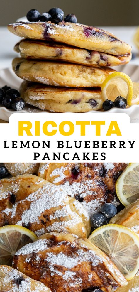 Lemon Pancakes With Blueberry Sauce, Blueberry Ricotta Recipes, Lemon Brunch Recipes, Lemon Blueberry Goat Cheese Pancakes, Lemon Blueberry Pancakes Recipe, Speciality Pancakes, Lemon Pancakes Recipe, Fresh Blueberry Recipes Healthy, Riccota Pancakes