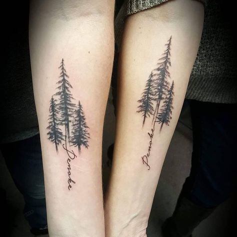 Trees and the family camps name "Penoke" #treetattoos #pinetrees #trees #outdoortattoos #camptattoos #outdoorlife #patattooers… Family Sleeve Tattoo, Moutain Tattoos, Tree Silhouette Tattoo, Pine Tattoo, Nature Tattoo Sleeve, Mother Nature Tattoos, Tree Tattoo Small, Kevin Lee, Pine Tree Tattoo