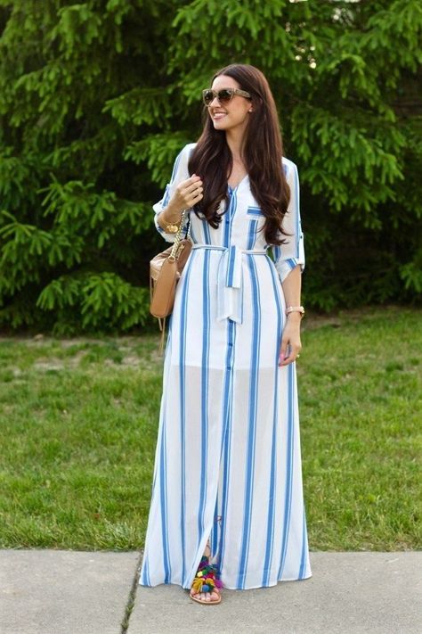 Striped Shirt Dress Outfit Summer, Over Coats, Tassel Sandals, Stripes Dress, Long Kurti Designs, Long Coats, Kurti Designs Party Wear, Fashionista Clothes, Maxi Shirt Dress