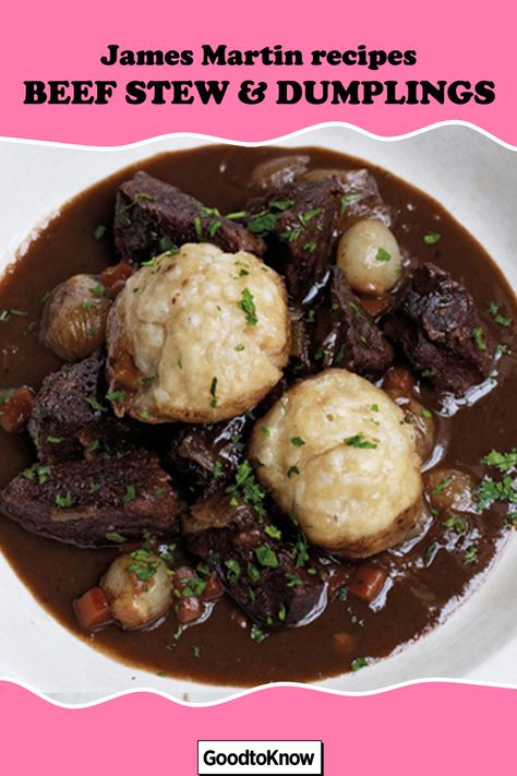 #JamesMartin's #beefstew with dumplings is worth the time it takes to cook - you won't be disappointed! This classic #beefstewwithdumplings recipe by James Martin is easy to make and perfect as a #familymeal on those colder winter days when you’re craving #warmcomfortfood. James Martin’s beef stew with dumplings may take a little while to cook but it is well worth the wait. The rich flavours of the #chunkybeef stew are just waiting to be mopped up with a freshly made #dumpling. Beef Stew And Dumplings, Beef Cube Steak Recipes, Stew With Dumplings, Beef And Mushroom Pie, Beef Stew With Dumplings, Dinner Sunday, James Martin Recipes, Chef Dishes, Stew And Dumplings