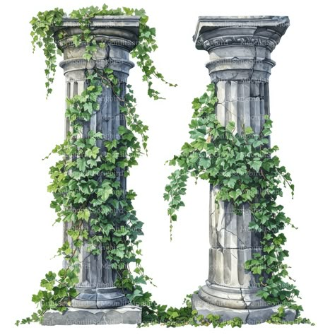 Exceptional value! This clipart collection features 12 exclusive Greek Pillars with Vine Leaves images and you will receive all of them in the form of an instant digital download. This bundle is ideal for a wide range of creative projects, such as greeting cards, wall art or decor, invitations, junk journals, backgrounds, apparel, prints, mugs and social media posts - the possibilities are endless! Each clipart piece is an original artwork and can only be bought in my store. *WHAT YOU WILL GET* Roman Structures, Digital Backgrounds Art, Greek Ideas, Ancient Greek Background, Ancient Pillars, Greece Decorations, Greek Features, Greek Ancient Architecture, Greek Plants