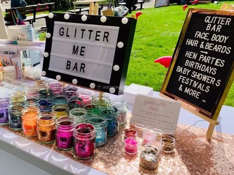 GlitterMe Bar - Entertainer - Toronto - Weddingwire.ca Glitter Station, Glitter Face Paint, Glitter Beards, Glitter Bar, Coachella Party, Candle Bar, Birthday Bar, Alice In Wonderland Birthday, Festival Theme