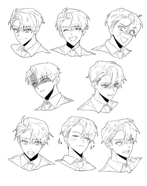 Faces From Different Angles Reference, Worried Face Drawing Reference, Back Of A Head Reference, Two Block Haircut Drawing, Anime Guy Head Reference, Looking Up Head Reference, Anime Portrait Poses, Anime Head Looking Up, Anime Face Poses