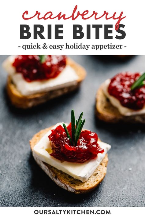 These cranberry brie bites are an easy, fun, and gorgeous cocktail party appetizer, and your guests will love them! Brie and cranberries are natural companions, and these cute little appetizer toasts are a seriously tasty combination of sweet, tart, and salty. They're vegetarian, make ahead friendly, and stress free! These cranberry brie bites are the perfect sweet and savory addition to your cocktail party menu. #appetizer #brie #christmas #vegetarian #snack Cranberry Brie Bites, Cocktail Party Appetizers, Cranberry Brie, Christmas Cocktail Party, Brie Bites, Cocktail Party Food, Cocktail Sauce, Appetizer Bites, Party Finger Foods