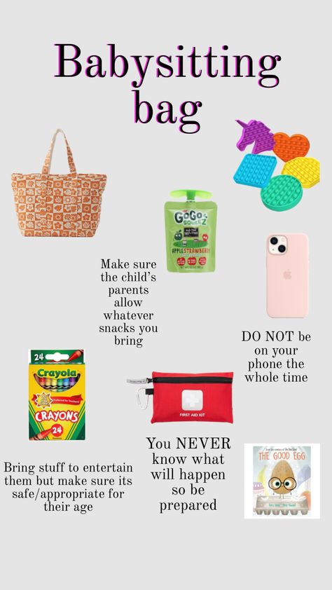 I hope you have an idea for what to put in your babysitting bag!! Also you can obviously put your own stuff.💕 Babysitting Bag, Babysitting Hacks, Babysitting Kit, Babysitting Activities, Babysitting Fun, Babysitting Jobs, Best Study Tips, Writing Lists, Pet Sitting