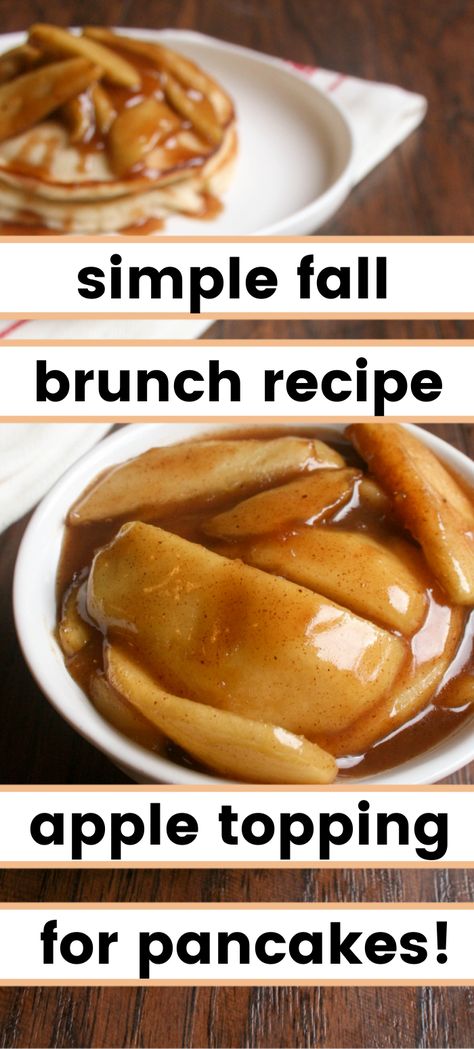 This easy recipe is the best for a fall brunch. Apple topping goes so well with pancakes, waffles, overnight oats, yogurt, ice cream or granola. Really, you can't go wrong with it. Simply cook down some apples with loads of fall flavors (sugar, cinnamon, spices...) and you've got the perfect treat to make any dish fall inspired! Cinnamon Apple Pancake Topping, Apple Caramel Pancakes, Apples On Pancakes, Apples For Pancakes, Apple Cinnamon Topping For Pancakes, Cooked Apples For Pancakes, Apple Topping For Waffles, Breakfast Apples Recipes, Fall Waffle Bar