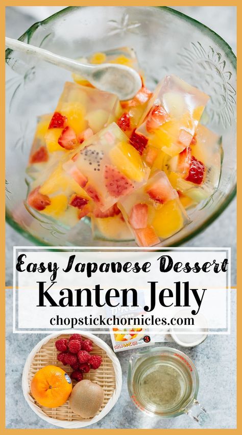 Delicious and pretty Japanese dessert recipe. Kanten Jelly is made from red algae, rich in plant fibre and ultra-low calories (only 3 cal in 100g). So this Japanese dessert recipe is a Vegan-friendly recipe as well as an easy snack recipe for Japanese cooking for beginners. #Kantenjelly #vegandessert #japanesedessertrecipe #japanesedessert #japanesesnack #japanesesweets #Japaneserecipe #veganrecipe Asian Jelly Desserts, Gelatin Dessert Recipes, Jelly Aesthetic, Pudding Pancakes, Easy Mochi, Japanese Picnic, Ice Cream Cake Roll, Asian Deserts, Mitarashi Dango