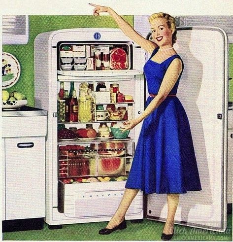 Pink Fridge, 50s Housewife, 50s Aesthetic, 1950s Housewife, 50s Women, Vintage Housewife, Refrigerator Repair, Retro Housewife, Kitschy Kitchen