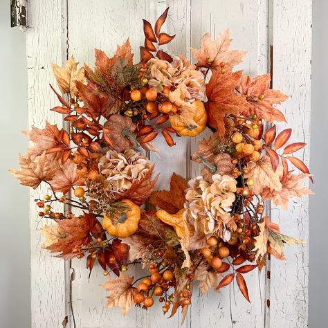 Harvest Fall Wreaths, Orange Hydrangea Wreath, Fall Pumpkin Wreath for Front Door, Country Cottage Fall - Etsy Colored Hydrangeas, 2023 Decor, Fall Hydrangea Wreath, Fall Door Decor, Colored Mirror, Hydrangea Colors, Rustic Autumn, Fall Door Decorations, Laurel Leaves