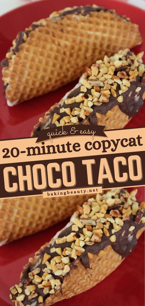 Copycat Choco Taco, Summer desserts/ frozen treats Essen, Diy Choco Taco, Taco Dessert Ideas Easy Recipes, Choco Taco Recipe, Chocolate Tacos Desserts, Choco Taco Homemade, Taco Bar Dessert Ideas, Oreo Tacos, Desert Tacos