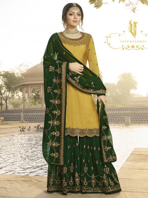 Bollywood diva drashti dhami style yellow embroidered sharara suit online which is crafted from satin georgette fabric with exclusive embroidery and stone work. This designer sharara suit comes with georgette bottom and georgette dupatta. Sharara Style, Indian Suits For Women, Georgette Sharara, Sharara Suit, Indian Suits, Salwar Kameez Designs, Embroidery Work, Salwar Suits, Salwar Kameez