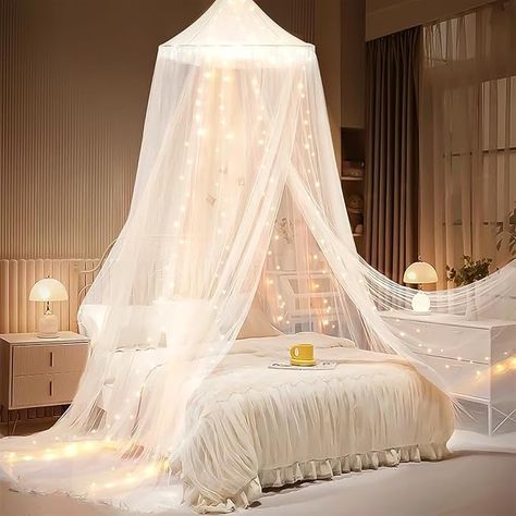 Amazon.com: Bed Canopy with Lights, Bed Canopy for Girls Princess with Luminous Stars, Canopy Bed Curtains for Twin to King Size Bed, Baby Kids Adult Indoor Decor Bedroom Reading Nook Outdoor Camping, White : Home & Kitchen White Bed Canopy With Lights, Canopy With Fairy Lights, Canopy Corner Bed, Room Theme Ideas Bedrooms, Fairy Woodland Bedroom, Canopy Bed Small Bedroom, Teen Bedroom Decor Ideas For Small Rooms, Reading Nook Outdoor, Canopy Bed Small Room