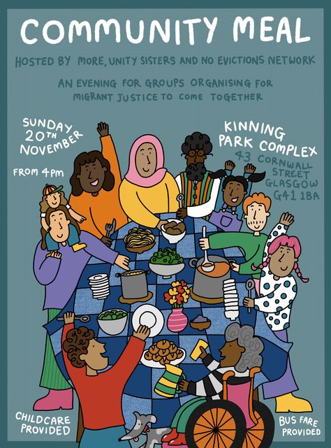 Poster design for a community meal in Glasgow. Community Logo Design Ideas, Poster About Community, Community Poster Design, Community Event Poster, Community Graphic Design, Neighbourhood Illustration, Community Posters, Poster Community, Community Advertising