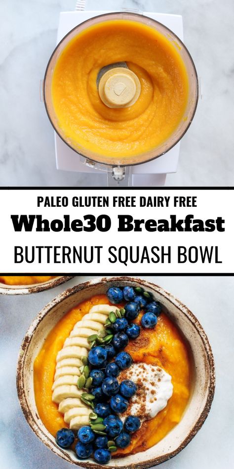 Paleo breakfast bowl made with butternut squash. Topped off with blueberries, bananas, and pumpkin seeds. This healthy breakfast is easy for on the go lifestyles and busy families. Plus, it tastes amazing and will leave you wanting more! Paleo Breakfast Bowl, Butternut Squash Paleo, Butternut Squash Breakfast Bowl, Aip Butternut Squash Recipes, Squash For Breakfast, Pumpkin Breakfast Bowl, Breakfast Butternut Squash, Butternut Squash Breakfast Recipes, Breakfast Squash