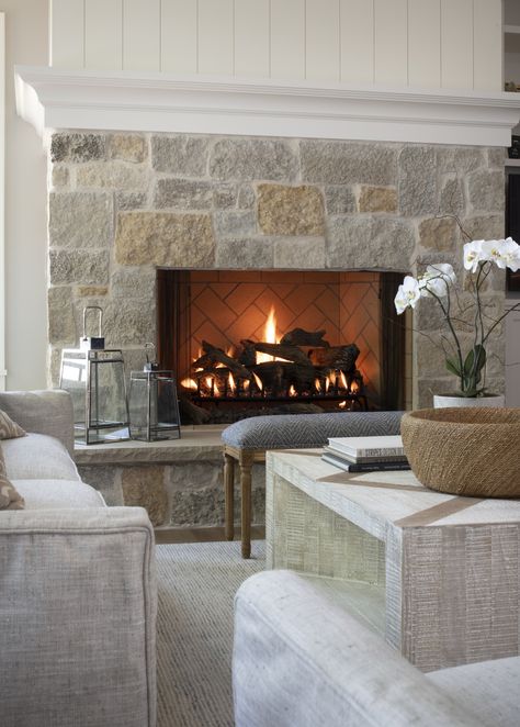 Casco Point by Studio M Interiors Stone Fireplace With Mantel, Stone Fireplace With White Mantle, Stone And Wood Fireplace Ideas, 2 Story Stone Fireplace Ideas, Shiplap Stone Fireplace, Bluestone Hearth Fireplace, Transitional Stone Fireplace, Stone Fireplace Tv Wall, Riverstone Fireplace