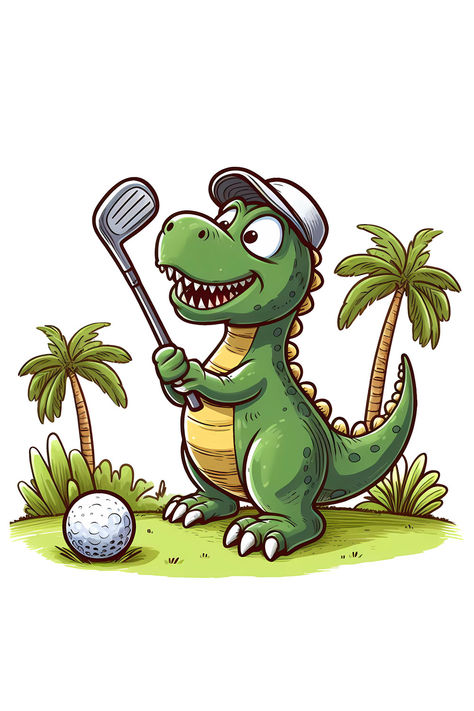 This cartoon design is made for fans of golf game and dinosaurs. A dinosaur is playing golf among palm trees. #golf #dinosaur #sport Goober Art, Golf Cartoon, Golf Drawing, Palm Tree Drawing, Green Dinosaur, Playing Golf, A Dinosaur, Play Tennis, Rock Painting Art