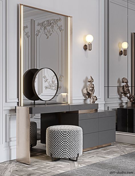 Traditional space with a fresh view in Paris. on Behance Dressing Table Design, Modern Luxury Bedroom, Luxury Bedroom Design, Luxury Bedroom Master, Bedroom Furniture Design, Decor Home Living Room, Home Room Design, Luxurious Bedrooms, Dressing Room