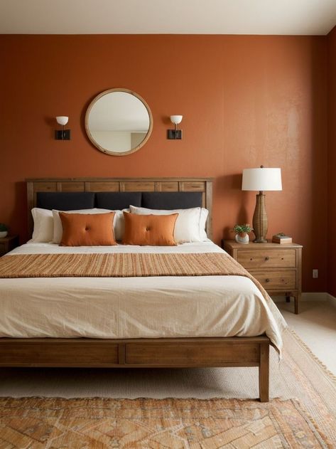 Rust Accent Wall Bedroom, Rust Orange Accent Wall, Terracotta Bedroom Aesthetic, Terecotta Design Bedroom, Terracotta Walls Bedroom, Bedroom Orange Walls, Burnt Orange Bedroom Walls, Terracotta Accent Wall Bedroom, Clay Accent Wall