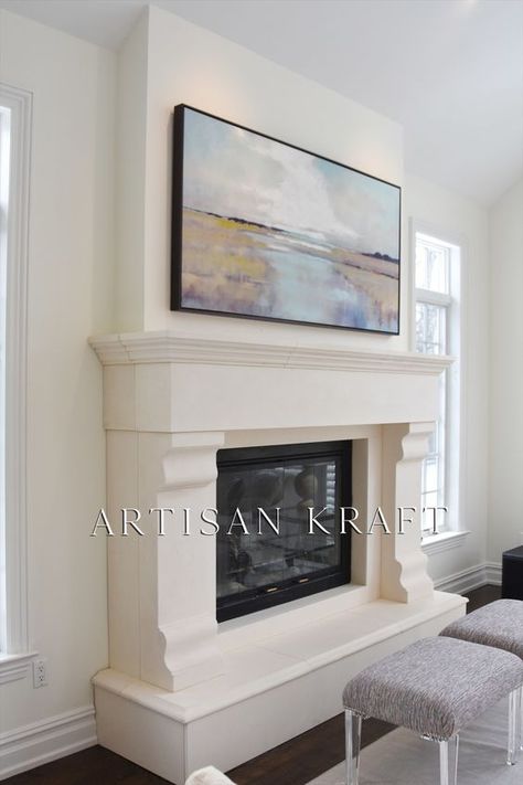 Fireplace Mantel Winnetka in cast stone by Artisan Kraft. Link below for more fireplace ideas. European Coastal Decor, Fireplace Revamp, Fireplace Colors, Limestone Fireplace Surround, Easter House, Style Mantel, Cast Stone Fireplace, Fireplace Mantel Surrounds, Fireplace Room