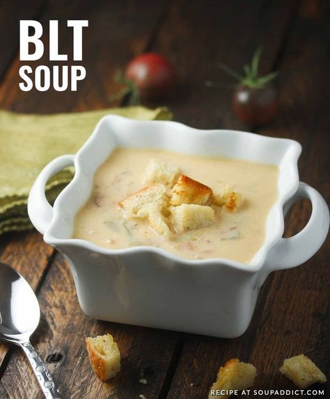 The ultimate bacon's lover soup! BLT Soup tastes just like the sandwich. Even the lettuce, which totally works here. A delicious and unusual soup that will impress your friends and family. Recipe at SoupAddict.com Blt Soup, Warm Soup Recipes, Winter Soup Recipe, Comfort Soup Recipes, Creamy Potato Soup, Comfort Soup, Tomato Soup Recipes, Potato Soup Recipe, Food Therapy