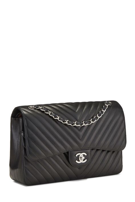 Chanel Black Chevron Lambskin New Classic Double Flap Jumbo - What Goes Around Comes Around Chanel Chevron Bag, Chanel Jumbo Flap Bag, Chanel Chevron, Vintage Designer Bags, Chanel Flap Bag, What Goes Around Comes Around, Black Chevron, Chanel Black, New Classic