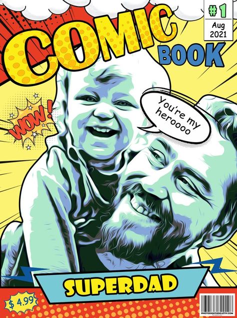 This custom comic magazine/book cover can be made with your photo which I'll change into a pop art image (comic vector modern art print). You can personalize more by requesting title change and extra words at no extra cost. The finished image is a DIGITAL COPY with high resolution, and the best quality so it can be printed in large size. Get it from my Etsy shop. Custom Comic Book, Comic Magazine, Pop Art Images, Comic Cover, Modern Art Print, Super Dad, Image Comics, Comic Book Characters, Comic Covers