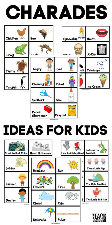 These fun charades idea cards include pictures and are perfect for young kids! #kidsactivities #gamesforkids #games #charades Charades Words, Charades For Kids, Charades Cards, Charades Game, Sentence Writing, Fun Games For Kids, Family Game Night, Printables Kids, Family Games