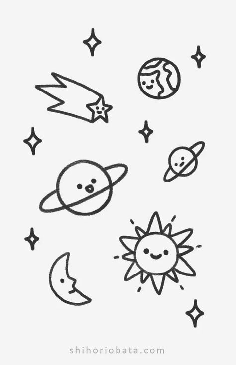 Cute Planet Drawings Kawaii, Small Planet Drawing, Cute Planets Drawing, Expo Drawings Easy, How To Draw Astronaut Easy, Space Simple Drawings, Easy Space Doodles, Simple Space Drawings Easy, Outer Space Drawing Ideas