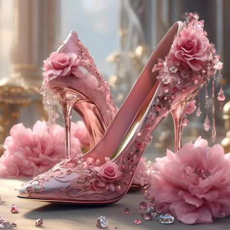 AI art created by me. A pair of elegant pink high heel shoes adorned with roses and crystal embellishments rest on a surface surrounded by large pink flowers.  The shoes are glistening with beaded detail and appear to be placed in a luxurious setting with blurred architectural details in the background.  Pink roses and stilettos still life canvas print by Glenda Stevens.  Bring your artwork to life with the texture and depth of a stretched canvas print.  Your image gets printed onto one of our premium canvases and then stretched on a wooden frame of 1.5" x 1.5" stretcher bars (gallery wrap) with black sides or 5/8" x 5/8" stretcher bars (museum wrap)with white sides. Your canvas print will be delivered to you "ready to hang" with pre-attached hanging wire, mounting hooks, and nails.   Ship Gold And Pink Heels, Quince Heels Pink, Ball Shoes Heels, Pink Princess Heels, Princess High Heels, Flower High Heels, Dream Heels, Rose Heels, Princess Heels